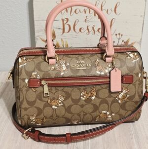 Coach Medium Rowan Crossbody Khaki Pink Dancing Kittens Purse Bag Tabby Cats HTF